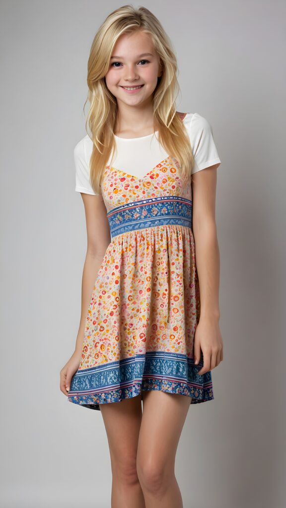 a (((16-year-old happy and smiling blonde girl))), with long, flowing hair and a petite, yet athletic figure, dressed in a (((short, thigh-length dress))), featuring a playful mix of patterns and colors, paired with a classic white T-shirt and denim shorts, accessorizing with a cute, modern necklace and classic, pointed leather boots