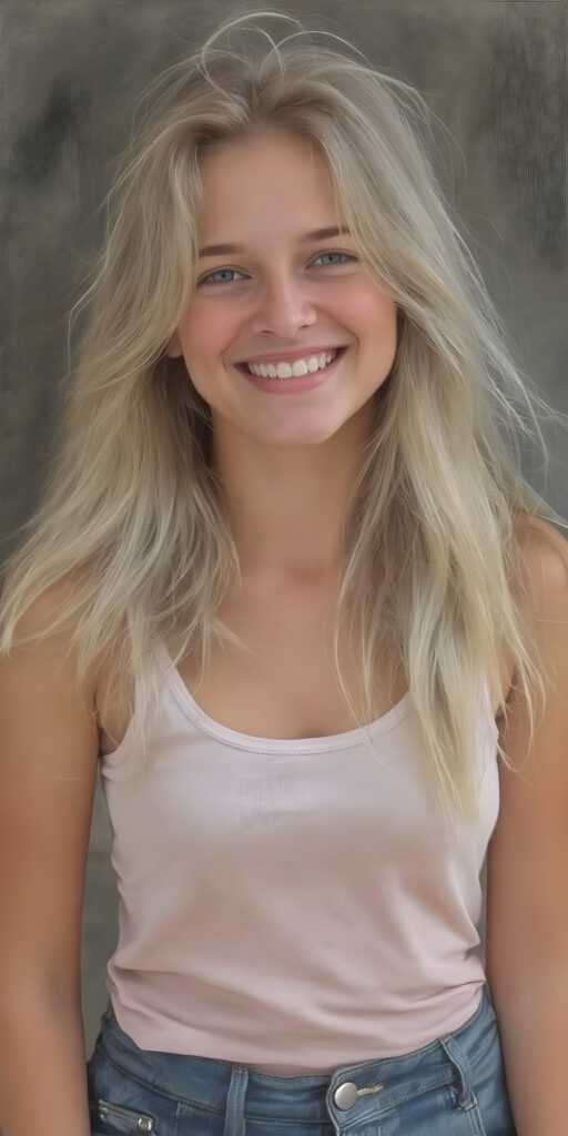 a (((16-year-old happy and smiling blonde girl))), with long, flowing soft hair and a petite, yet athletic figure, dressed in a (((short, cropped thigh-length dress))), paired with a classic white tank top with deep v-neck and denim shorts