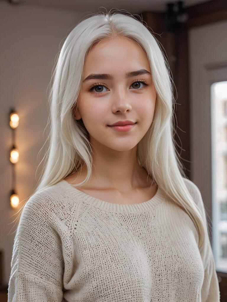 a 17 years old teen girl, ((long straight soft white hair)), realistic detailed angelic round face, ((realistic detailed eye)) looks very happy at the camera, portrait shot, perfect curved body, ((short form fitting low cut (sweater))), perfect anatomy, ((tomboy)) ((cute)) ((gorgeous)) ((attractive)) ((stunning))