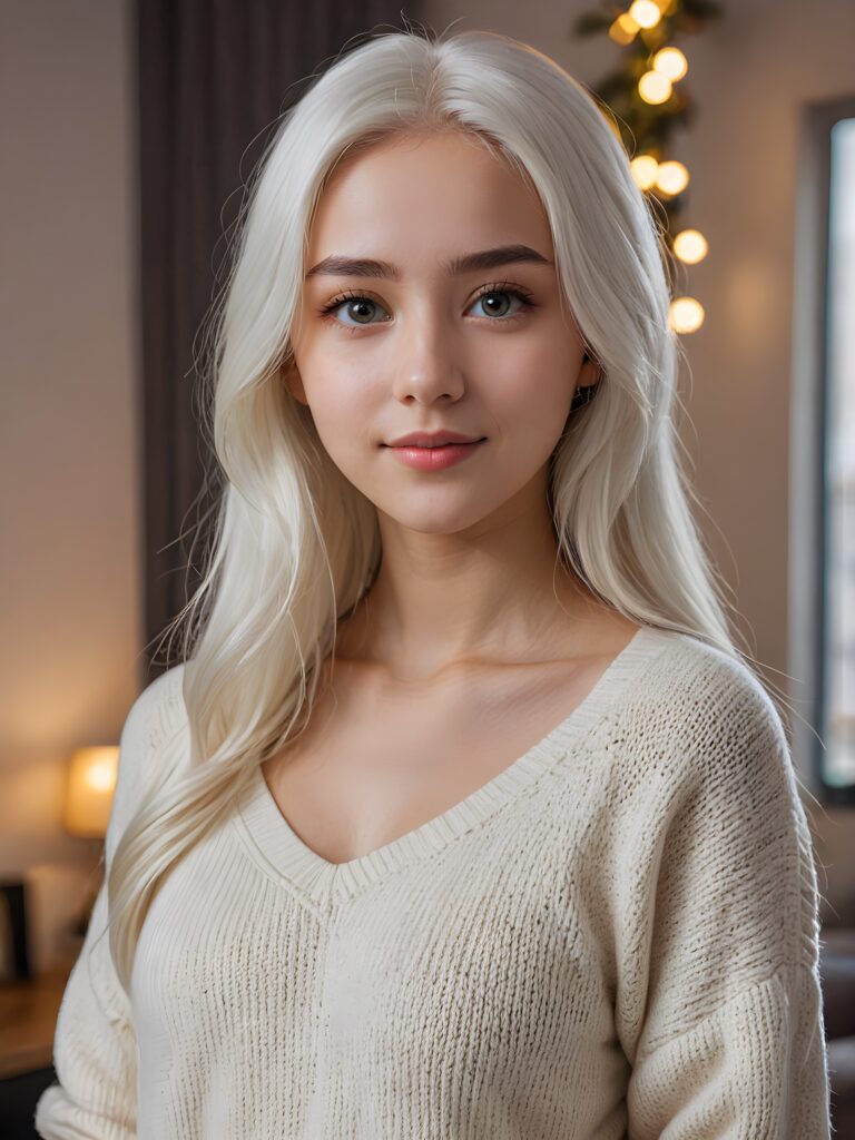 a 17 years old teen girl, ((long straight soft white hair)), realistic detailed angelic round face, ((realistic detailed eye)) looks very happy at the camera, portrait shot, perfect curved body, ((short form fitting low cut (sweater))), perfect anatomy, ((tomboy)) ((cute)) ((gorgeous)) ((attractive)) ((stunning))