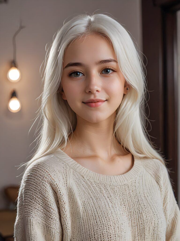 a 17 years old teen girl, ((long straight soft white hair)), realistic detailed angelic round face, ((realistic detailed eye)) looks very happy at the camera, portrait shot, perfect curved body, ((short form fitting low cut (sweater))), perfect anatomy, ((tomboy)) ((cute)) ((gorgeous)) ((attractive)) ((stunning))