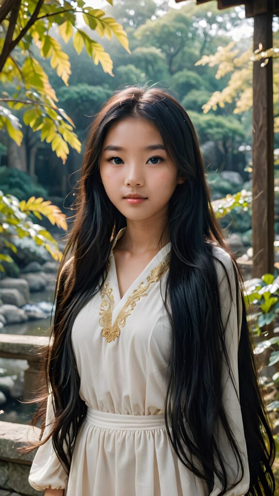 a (((Asian teen girl with long, flowing black hair))), poised confidently in a (((mystical setting))) that hints at the essence of the popular meme character 'Naksu'. Her features and aura convey a sense of otherworldliness ((upper body portrait))