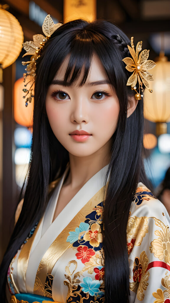 a (((Japanese dream girl))) with intricate details and ornate patterns, luxurious black long straight hair with side-swept bangs