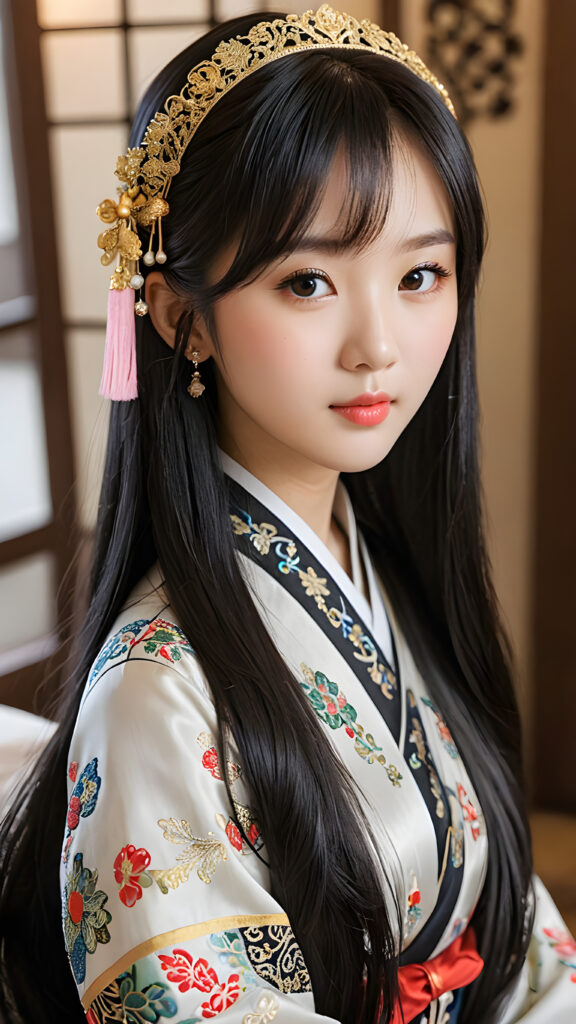 a (((Korean dream girl))) with intricate details and ornate patterns, luxurious black long straight hair with side-swept bangs