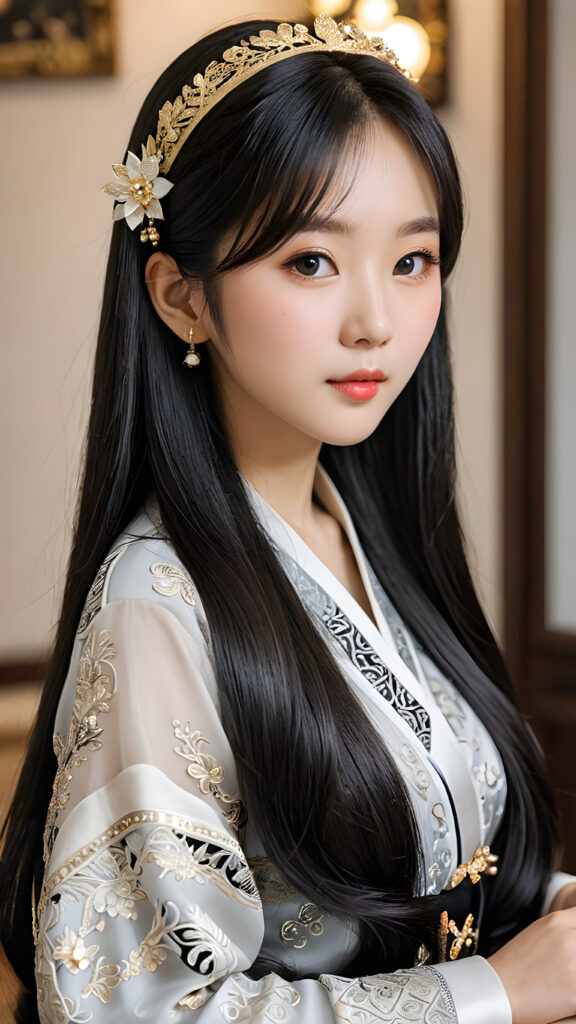 a (((Korean dream girl))) with intricate details and ornate patterns, luxurious black long straight hair with side-swept bangs