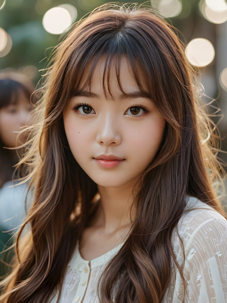 a Korean girl with long wavy brown hair and long straight blonde bangs