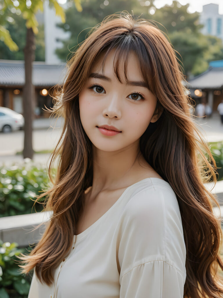 a Korean girl with long wavy brown hair and long straight blonde bangs