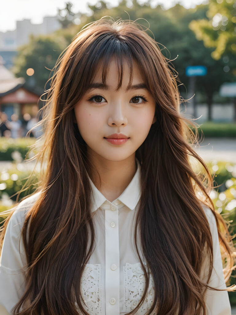 a Korean girl with long wavy brown hair and long straight blonde bangs