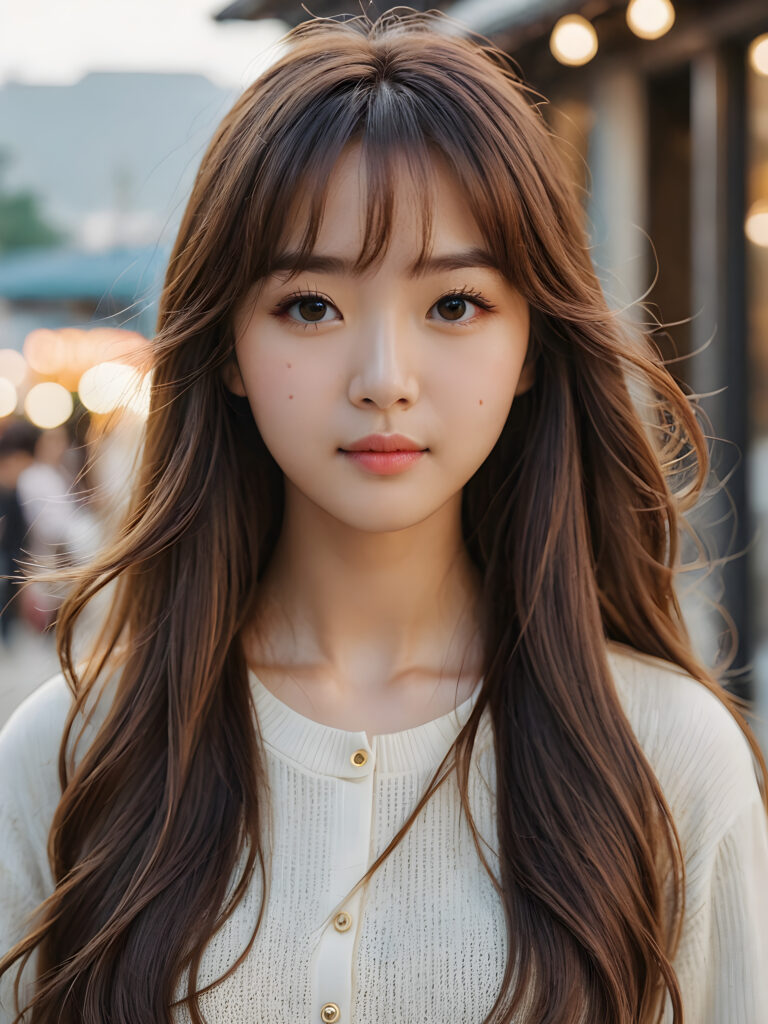 a Korean girl with long wavy brown hair and long straight blonde bangs