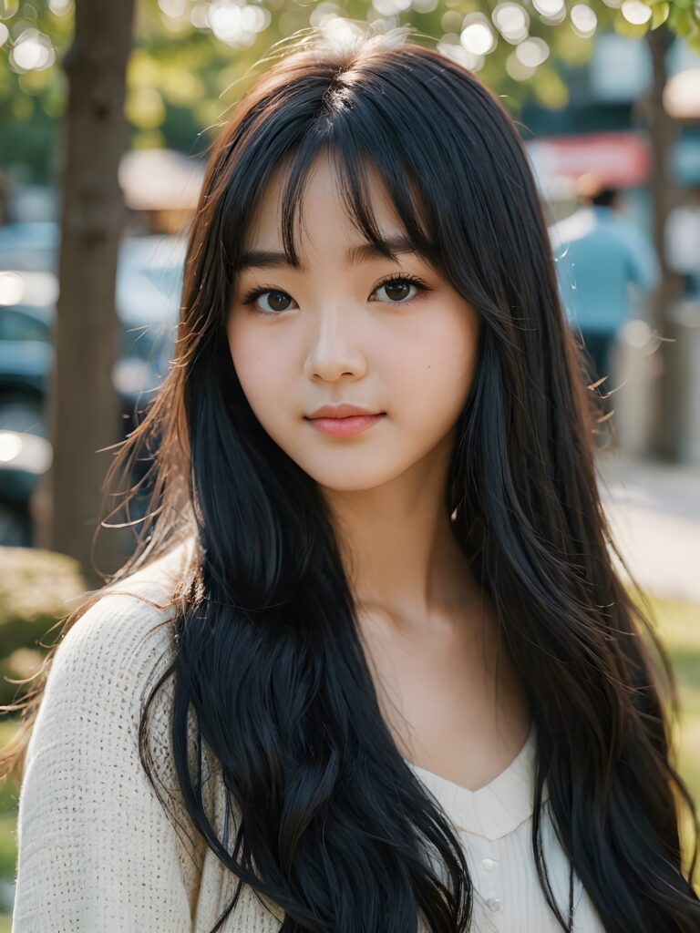 a Korean teen girl with long wavy black hair and long straight blonde bangs