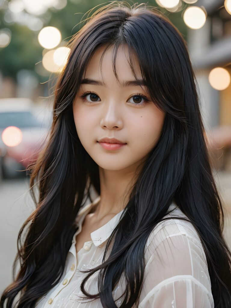 a Korean teen girl with long wavy black hair and long straight blonde bangs