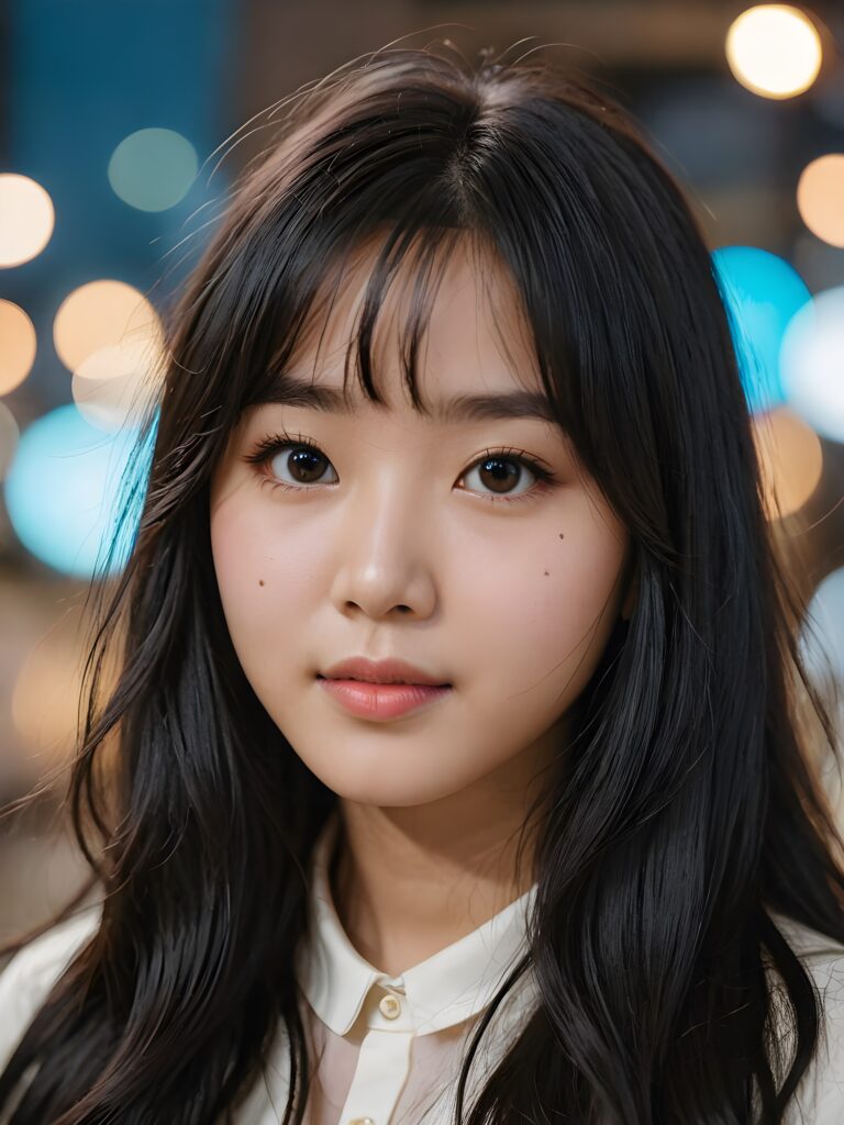 a Korean teen girl with long wavy black hair and long straight blonde bangs