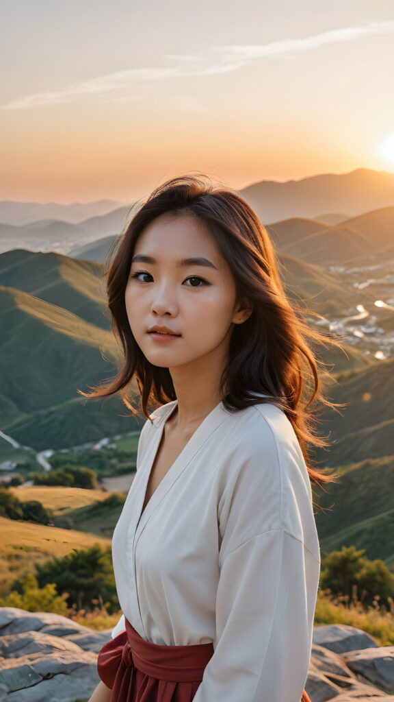 a (((Natural Korean Girl))) standing confidently on a scenic (((hill))), framed against a breathtaking backdrop of a (sunset-filled valley)