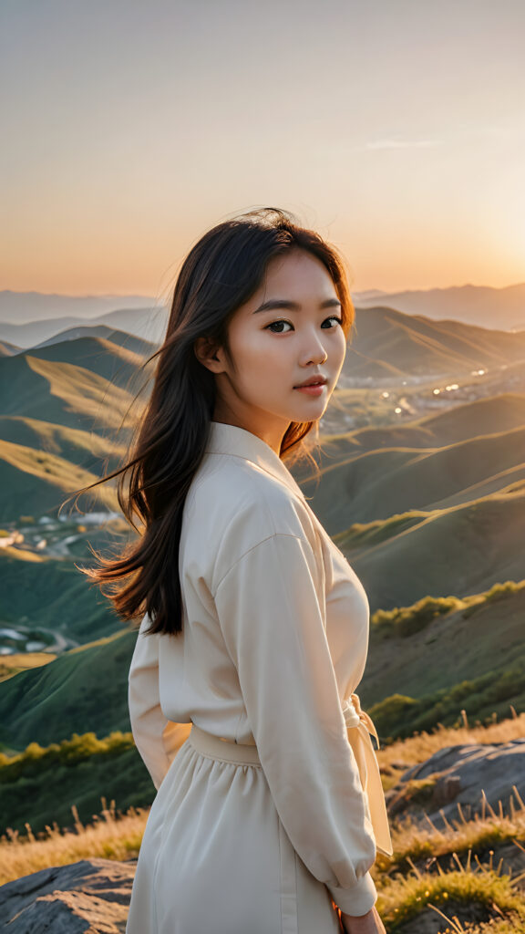 a (((Natural Korean Girl))) standing confidently on a scenic (((hill))), framed against a breathtaking backdrop of a (sunset-filled valley)