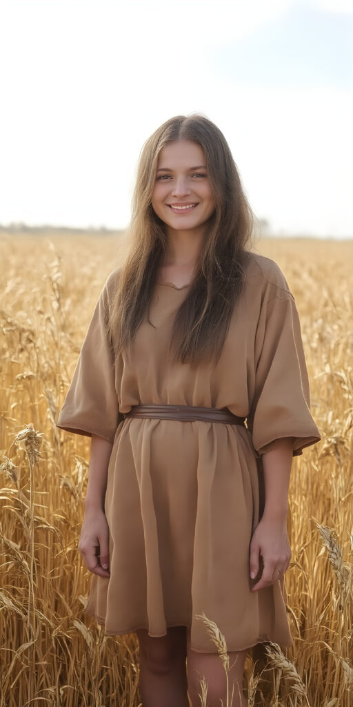 an adult girl from the Middle Ages stands in a sunny wheat field, wearing a traditional short robe. Her long hair is disheveled and falls over her shoulders, she looks very happy