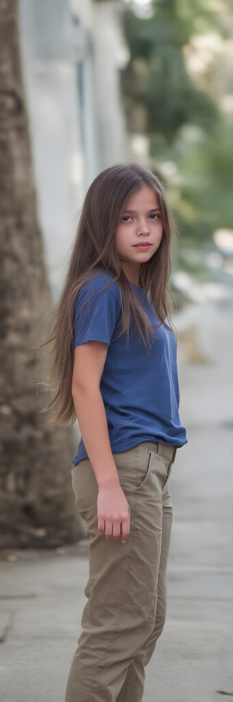 a (((beautiful young girl, perfect body, 15 years old))), with flowing, (((soft long straight brown hair))). (She is dressed in a sleek, ((blue short t-shirt)), long cargo pants), exuding just the right amount of youthful charm, photograph, full body side view, stands in the street