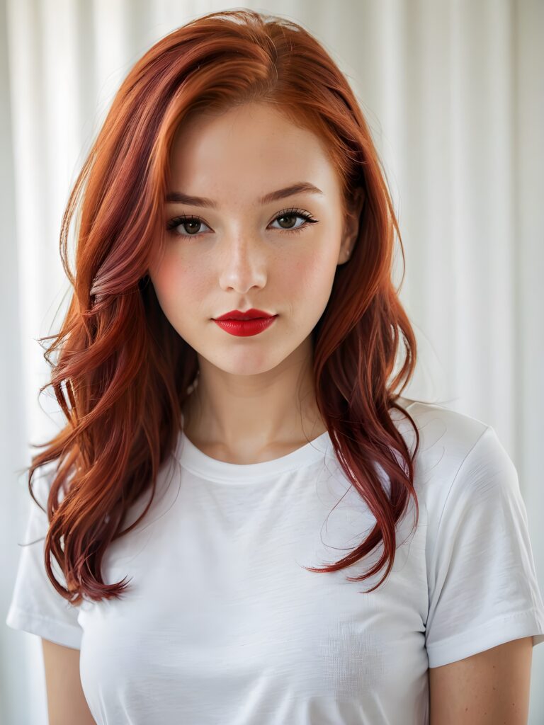 a beautiful (((young girl))), with long, flowing (((red hair))), styled in a sleek, shiny, straight haircut with sharp, defined (((red lips))), emitting an ethereal glow that complements her otherwise natural features, dressed in a (((white t-shirt))), poised confidently in a classic, casual setting, with her loosely curled red lips and a warm smile that exude cuteness