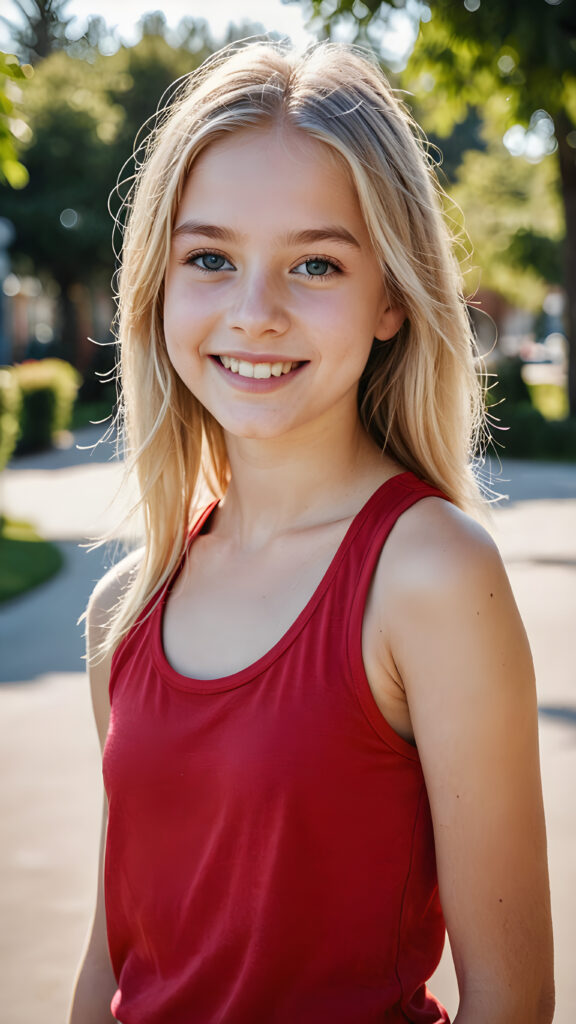 a (((beautiful teenage girl))), 13 years old, long, straight, soft, platinum blond hair, almond-shaped face, big blue eyes, ((delicate)) ((elegant)) ((well-defined)) nose, ((pale)) skin, (((smiling))) with ((perfect teeth)), wearing a ((solid red plain fitness tank top))