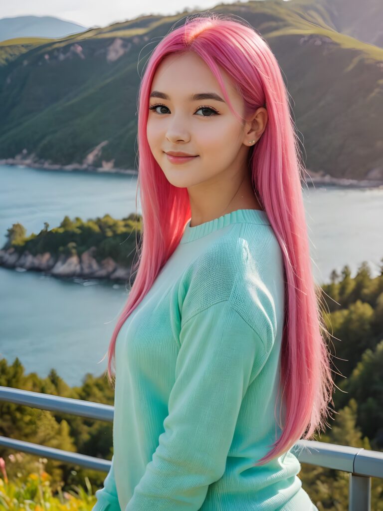 a beautiful (((pretty young teen girl))), with long, silky, shiny straight neon pink hair, wearing a thin, sweater, her hair extends beyond her shoulders, she looks cheerfully at the viewer, perfect curved body, natural backdrop