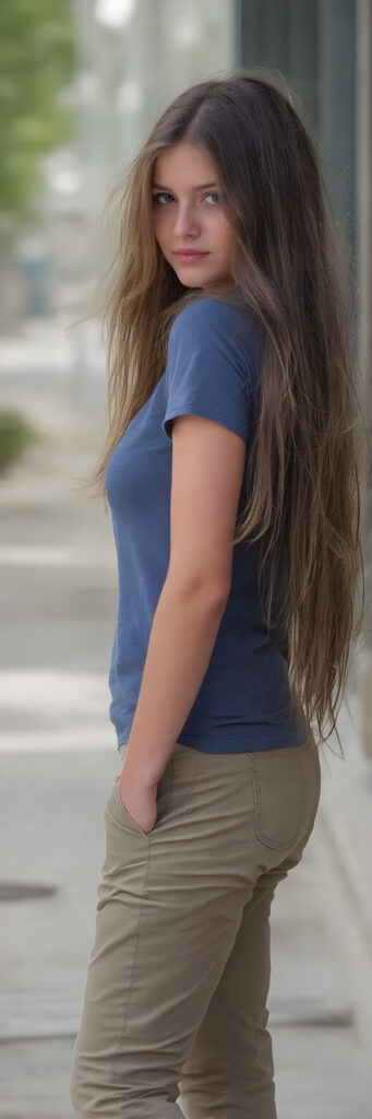 a (((beautiful young girl, perfect body, 15 years old))), with flowing, (((soft long straight brown hair))). (She is dressed in a sleek, ((blue short t-shirt)), long cargo pants), exuding just the right amount of youthful charm, photograph, full body side view, stands in the street