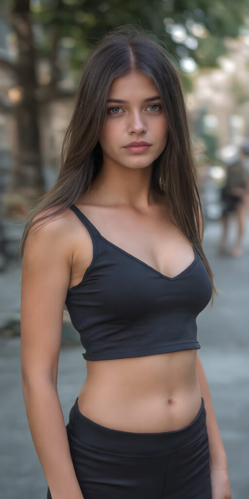 a (((beautiful young teenage girl, perfect curved body))), with flowing, (((soft long straight black hair))). She is dressed in a sleek, (tank top, deep v-neck and a short round mini skirt), photograph, stands in the street