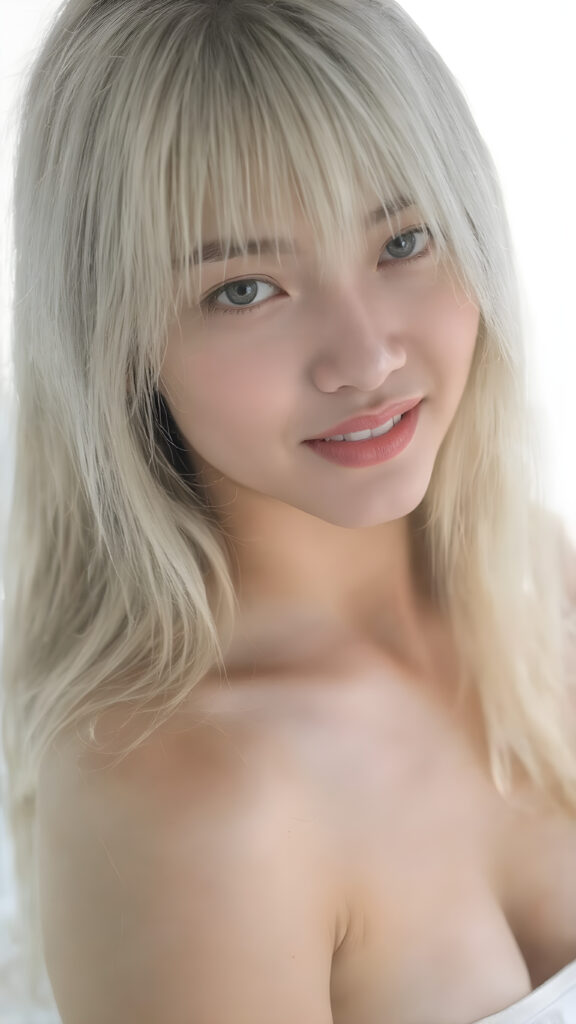 a (((beautiful Asian teen girl))), age 15, with (((straight, long, white hair))), (((lightly tanned skin))), and (((perfectly proportioned, athletic body))) that exudes (((realism at its finest))). Her (((perfect anatomy))) is highlighted by (((white teeth, flawlessly straight and smooth as glass, sparkling eyes that reflect her youthful innocence and vitality. She's captured in a (((side perspective))), looking straight into the camera for a full-body shot, with (((perfectly proportioned limbs and fingers))), which exude (((realism at its finest))) in a (((natural, white light setting))) where her (((curved, toned thighs))) and (((full, defined lips))) are perfectly visible. Her (((skin is slightly damp))), clad in a (((very short, tight (white crop tank top)), which emphasizes her (((perfectly proportioned, athletic physique))) and (((perfectly straight, white teeth))) and (natural, slightly damp skin) against a (((white background).