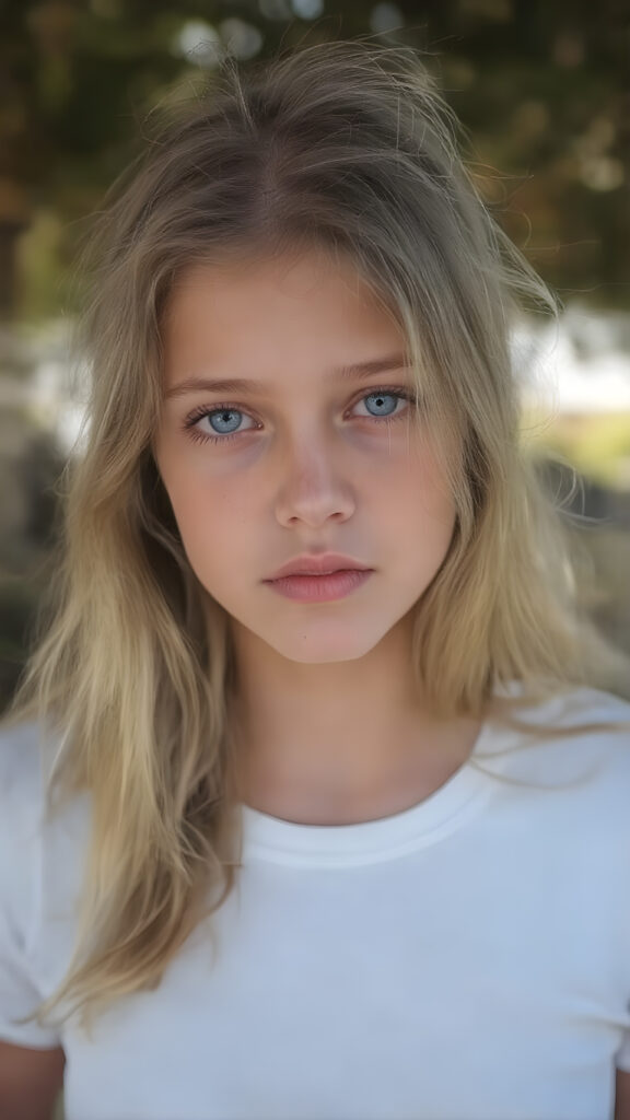 a (((beautiful young teen girl), with pale skin and (((long, high volume open wavy blond hair))), long eyelashes , purple eyes (dressed in a (((white cropped t-shirt))), (((amber eyes))), against a sunny backdrop, full body view