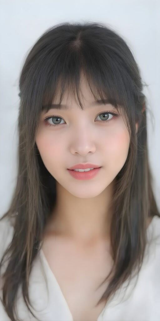 a (((beautiful, thoughtful and expressive cute adult Asian girl))), with (((softly curved long black straight hair, bangs))), natural (looking) light green eyes, and (delicate yet defined cheekbones), poised in a (seductively thoughtful pose) with a ((flawlessly matching set of pearly white teeth)) and elegantly draped ((natural looking)) light sheer draped garments, ((completely covering her front and back, and perfectly shaped to convey a sense of natural beauty)), against a (natural looking, detailed white backdrop), head is centered, her perfect hands plays with her hair