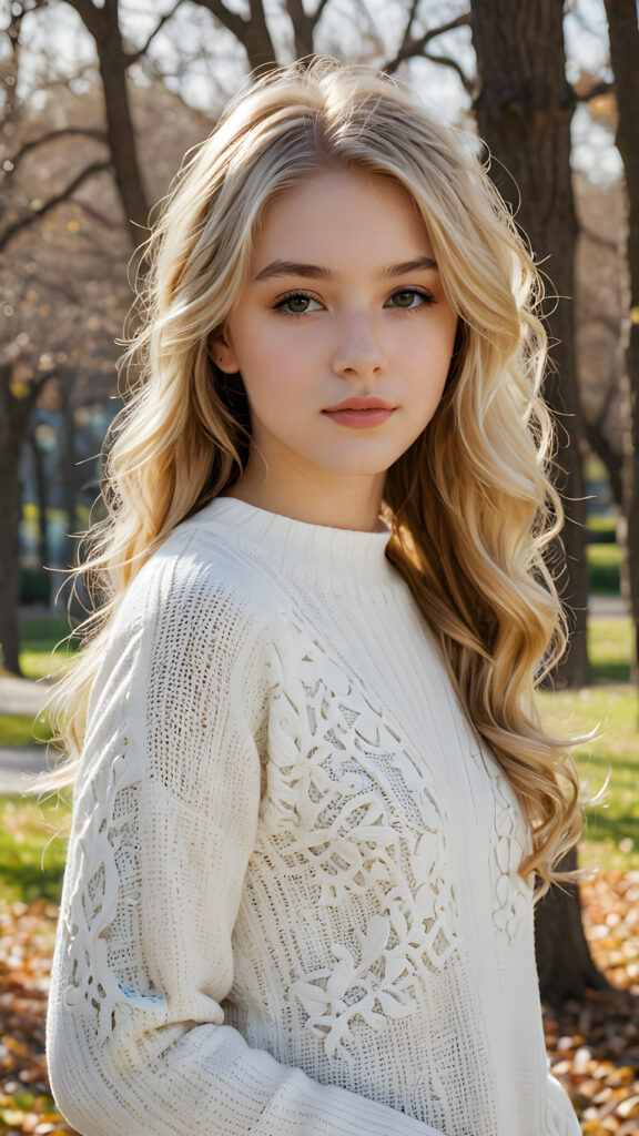 a (((beautiful teen girl with long, blond soft hair and brown eyes))), who exudes a distinct (((sharpness))), coupled with (((pale skin))) and (((vividly hued lips))) that curve into a (((wavy hairstyle))), dressed in a (((white sweater))), adorned with delicate, intricate patterns that reflect the (sunny park) backdrop