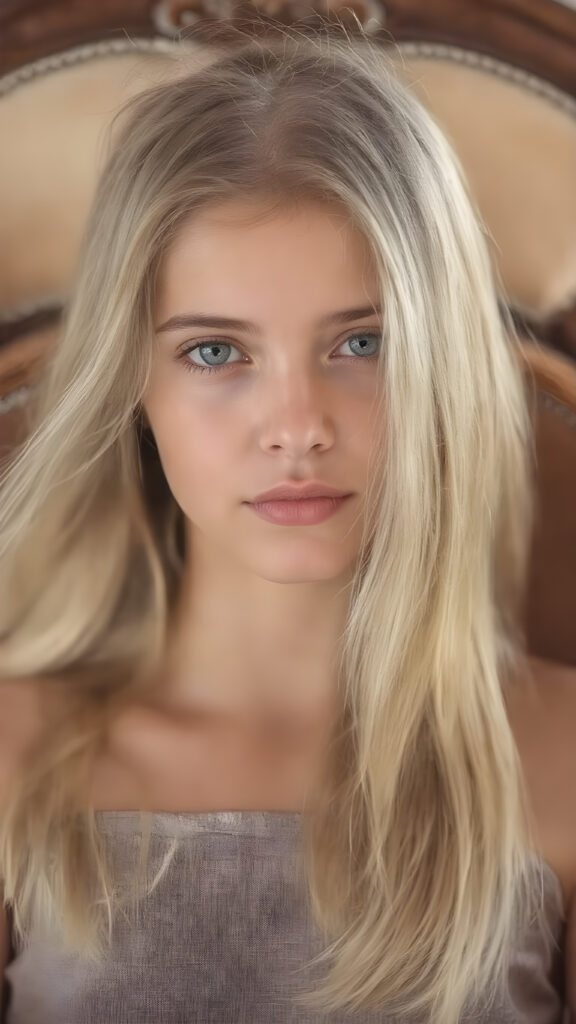 a (((beautiful young girl))), with flowing, straight blond hair framing her face, which is defined by its delicate features like a small nose and soft, full lips, in a luxurious, elegant ((chair)), adorned with rich leather details and intricate stitching. The chair is poised elegantly, giving off a sense of opulence and comfort