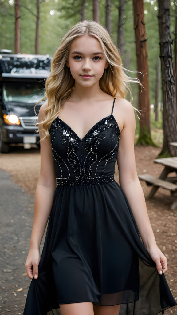 a (((beautiful teen girl))) dressed in a (((black crystal dress))), with flowing locks of blonde hair framing her face, paired with delicate, matchstick black accessories accentuating her hair and dress, against a backdrop of a (rustic campground setting)