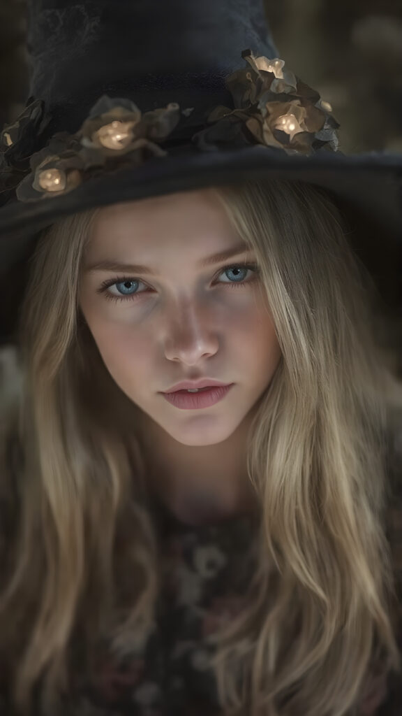 a (((beautiful witch girl))) with luxurious, (((shiny very long blond soft hair))), flawless skin, and a serene expression, her face and form are intricately detailed, adorned with (((small black glass glowing flowers in her hat))), giving off a soft glow that adds a touch of magic, she's dressed in a ((silk dress with designs of small flowers)), which accentuates her elegant figure, blending seamlessly with the intricate patterns and colors of the setting