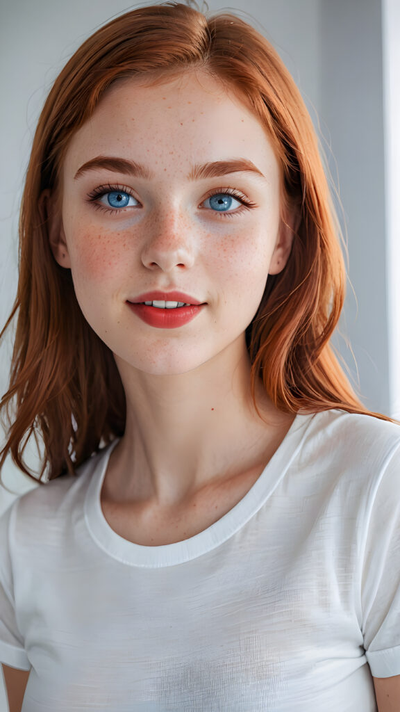 a beautiful (((teen girl))) ((fifteen years old)) ((realistic detailed round face)) ((beautiful eyes)) ((slender cheeks)) ((perfect teeth)) ((wears a super short tight (white t-shirt) made on thin silk)) ((perfect anatomy)) ((white background, side perspective)) ((cinematic lights)) ((long, soft copper-red hair)) ((red lips)) ((red nails)) ((bright blue eyes)) ((realistic detailed eyes)) ((slight smile)) ((freckles)) ((beautiful)) ((attractive)) ((stunning))