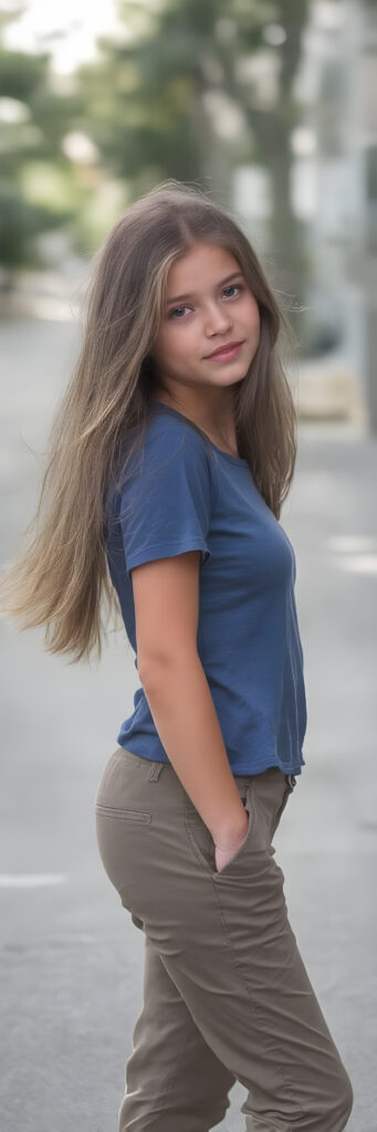 a (((beautiful young girl, perfect body, 15 years old))), with flowing, (((soft long straight brown hair))). (She is dressed in a sleek, ((blue short t-shirt)), long cargo pants), exuding just the right amount of youthful charm, photograph, full body side view, stands in the street