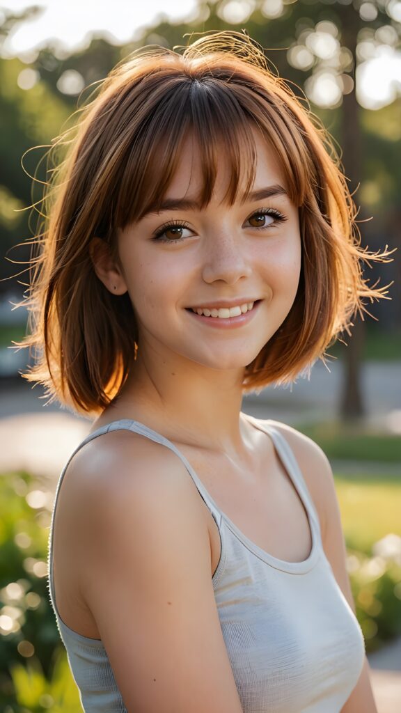 a beautiful (((teen girl))) with auburn hair in bob bangs cut, styled in a sleek, short-cropped tank top, (((vividly realistic photo))), ((natural background)), very happy, dimmed light