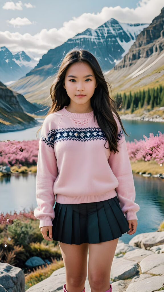 a beautiful 17 year old cute Inuit girl with long dark hair, a small round face, big blue eyes and cute cheeks. She is wearing a pink sweater, a black skirt and grey shoes. She is in a beautiful wild landscape, surrounded by a lake and mountains