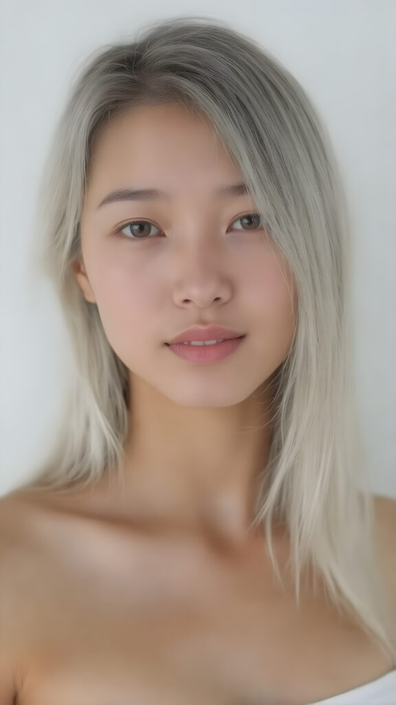 a (((beautiful Asian teen girl))), age 15, with (((straight, long, white hair))), (((lightly tanned skin))), and (((perfectly proportioned, athletic body))) that exudes (((realism at its finest))). Her (((perfect anatomy))) is highlighted by (((white teeth, flawlessly straight and smooth as glass, sparkling eyes that reflect her youthful innocence and vitality. She's captured in a (((side perspective))), looking straight into the camera for a full-body shot, with (((perfectly proportioned limbs and fingers))), which exude (((realism at its finest))) in a (((natural, white light setting))) where her (((curved, toned thighs))) and (((full, defined lips))) are perfectly visible. Her (((skin is slightly damp))), clad in a (((very short, tight (white crop tank top)), which emphasizes her (((perfectly proportioned, athletic physique))) and (((perfectly straight, white teeth))) and (natural, slightly damp skin) against a (((white background).