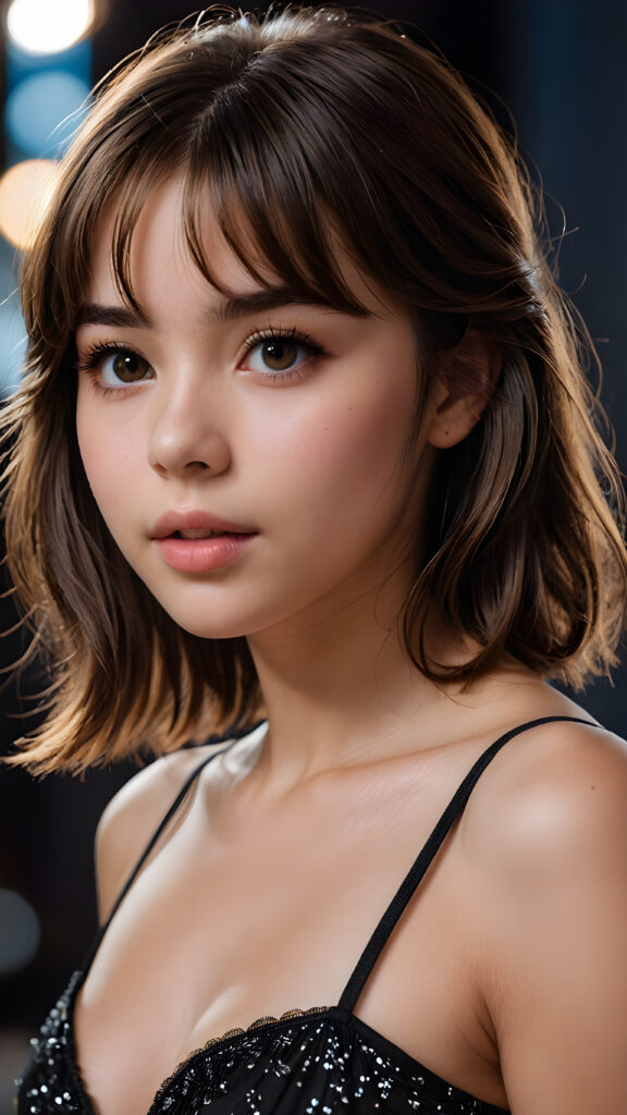 a beautiful, 18-year-old girl with intricate, detailed brown shoulder-length hair and sleek, straight bangs, realistically portrayed side-parted locks. Her long, angelic eyelashes and expressive eyes contrast against a dark backdrop, where faintly diffused light falls softly onto her face, creating a romantic atmosphere. She wears a tight, black crop top that showcases her flawlessly curved figure, with one hand poised playfully by her mouth, as if ready for a sensual kiss