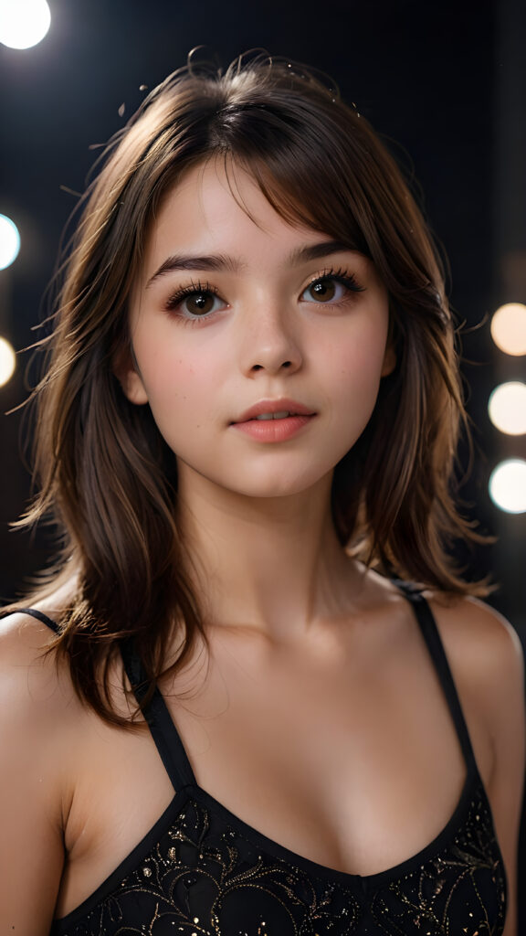 a beautiful, 18-year-old girl with intricate, detailed brown shoulder-length hair and sleek, straight bangs, realistically portrayed side-parted locks. Her long, angelic eyelashes and expressive eyes contrast against a dark backdrop, where faintly diffused light falls softly onto her face, creating a romantic atmosphere. She wears a tight, black crop top that showcases her flawlessly curved figure, with one hand poised playfully by her mouth, as if ready for a sensual kiss