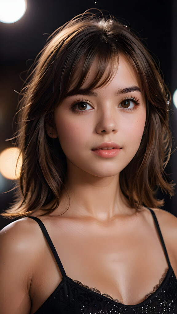 a beautiful, 18-year-old girl with intricate, detailed brown shoulder-length hair and sleek, straight bangs, realistically portrayed side-parted locks. Her long, angelic eyelashes and expressive eyes contrast against a dark backdrop, where faintly diffused light falls softly onto her face, creating a romantic atmosphere. She wears a tight, black crop top that showcases her flawlessly curved figure, with one hand poised playfully by her mouth, as if ready for a sensual kiss