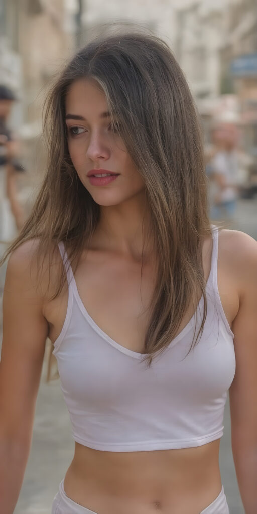 a (((beautiful young well busty girl, perfect curved body))), with flowing, (((soft long straight brown hair))). She is dressed in a sleek, (white cropped short tank top, deep v-neck), photograph, stands in the street, side view