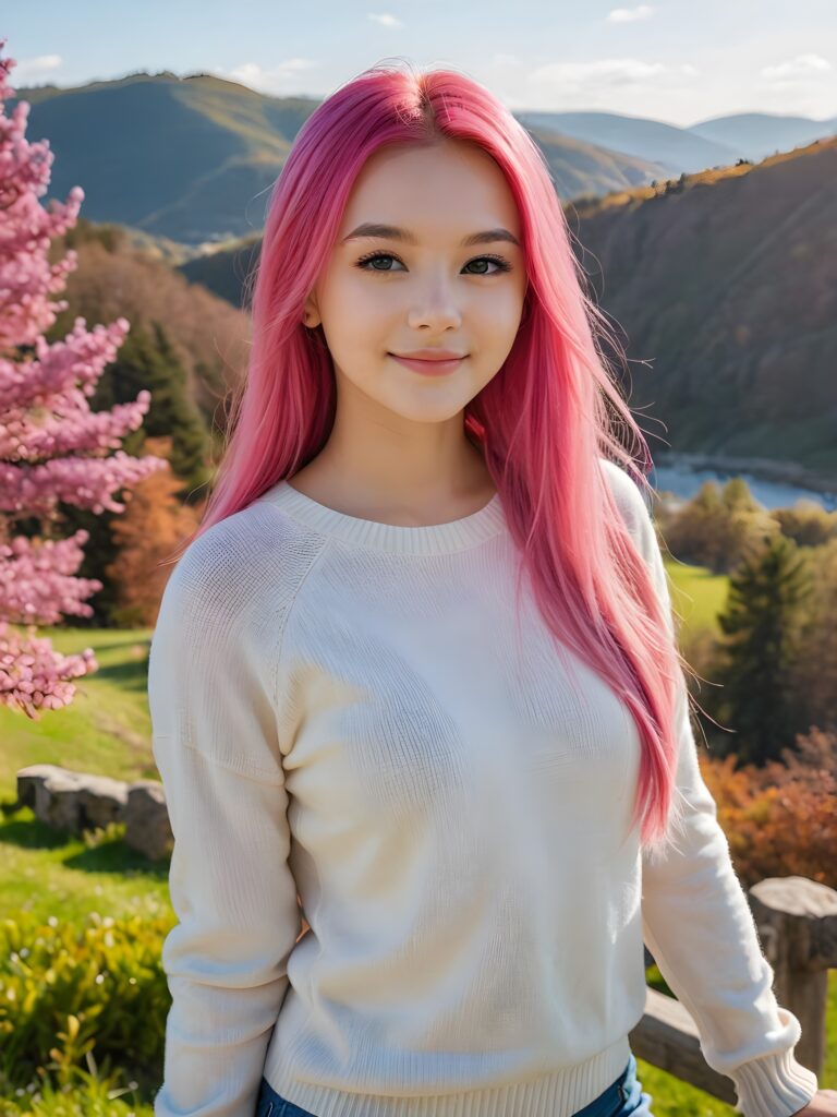 a beautiful (((pretty young teen girl))), with long, silky, shiny straight neon pink hair, wearing a thin, sweater, her hair extends beyond her shoulders, she looks cheerfully at the viewer, perfect curved body, natural backdrop