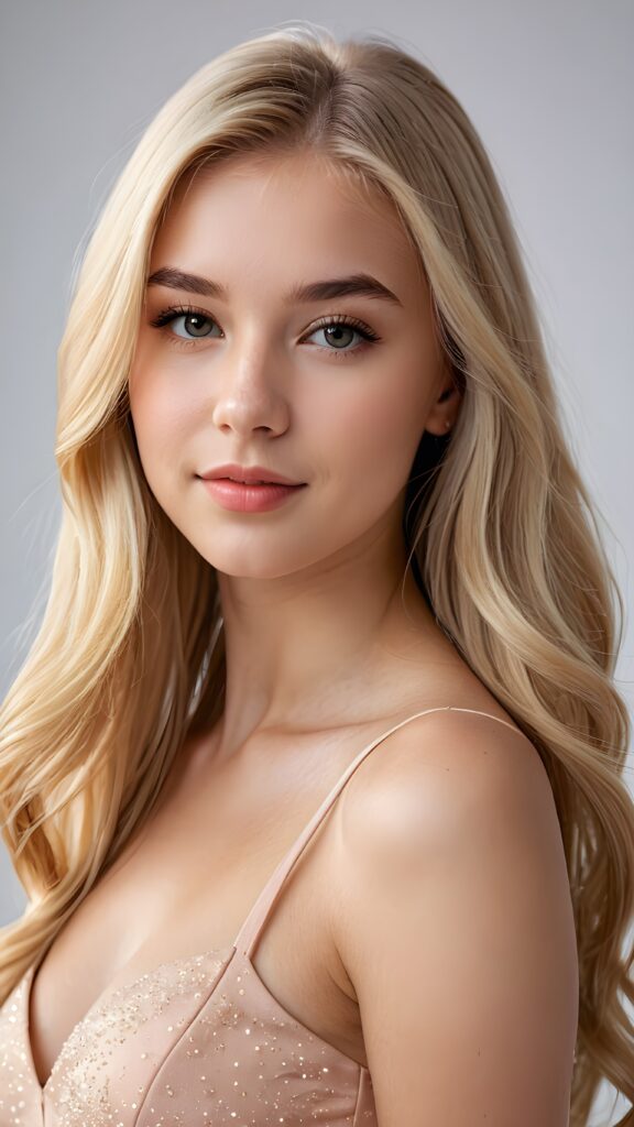 a (((beautiful young teen girl))) with a sleek, ((upper body close-up)), showcasing elegant details like curves and contours ((empty background)) ((stunning)) ((cute)) ((gorgeous)) ((blonde, shoulder long hair, hair))