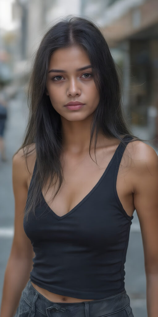 a (((beautiful young well busty teenage girl, perfect curved body))), with flowing, (((soft long straight black hair))). She is dressed in a sleek, (cropped tank top, deep v-neck), photograph, stands in the street