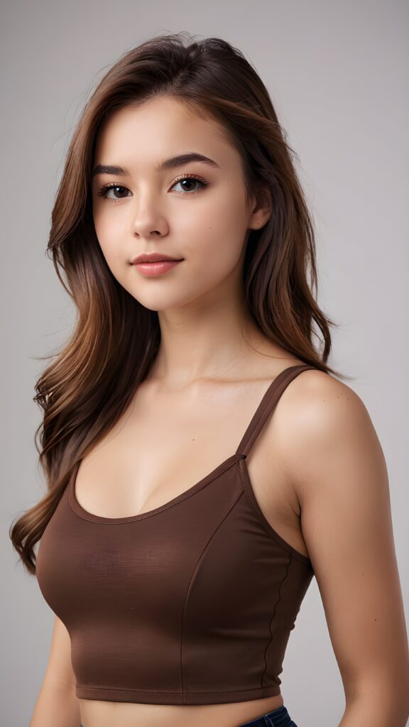 a (((beautiful young teen girl))) with a sleek, ((upper body close-up)), showcasing elegant details like curves and contours ((empty background)) ((stunning)) ((cute)) ((gorgeous)) ((brown, shoulder long hair)) ((crop tank top))