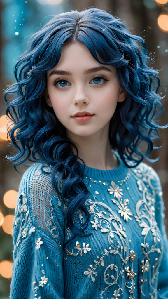 a (((beautiful young teen girl))), with pale skin and (((shiny blue flecks))), along with luxuriously wavy, (((blue hair curls))), wearing a super fine, (((wool sweater))), reminiscent of the iconic Filigree style, set against a (((softly detailed, fantastical environment))) that exudes a (((whimsically magical aura))), with intricate details that evoke a (((sparkling, shimmering wonder)))