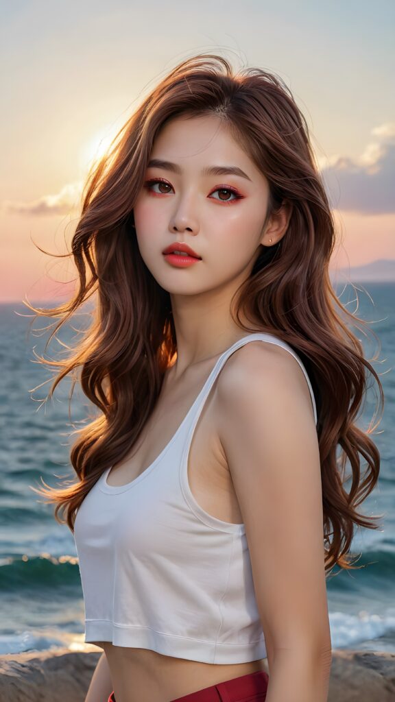 a (((beautiful little korean girl))) with (((glowing white skin))), (((rosy cheek))), (((shiny eyes))), thin (((light brown hair)) flowing down her back, (((small mouth))), (((rosy lips))), (((dark red eyes))), (((detailed face))), (((detailed eyes))), (((loose thin long wavy hair))), (((lost in wonder))) ((cropped tank top support her perfect body))