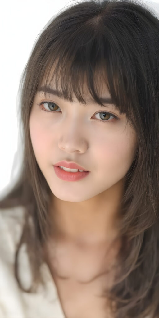 a (((beautiful, thoughtful and expressive cute adult Asian girl))), with (((softly curved long black straight hair, bangs))), natural (looking) light green eyes, and (delicate yet defined cheekbones), poised in a (seductively thoughtful pose) with a ((flawlessly matching set of pearly white teeth)) and elegantly draped ((natural looking)) light sheer draped garments, ((completely covering her front and back, and perfectly shaped to convey a sense of natural beauty)), against a (natural looking, detailed white backdrop), head is centered, her perfect hands plays with her hair