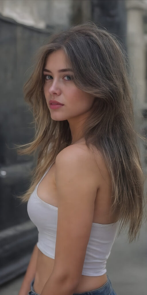 a (((beautiful young well busty girl, perfect curved body))), with flowing, (((soft long straight brown hair))). She is dressed in a sleek, (white cropped short tank top, deep v-neck), photograph, stands in the street, side view