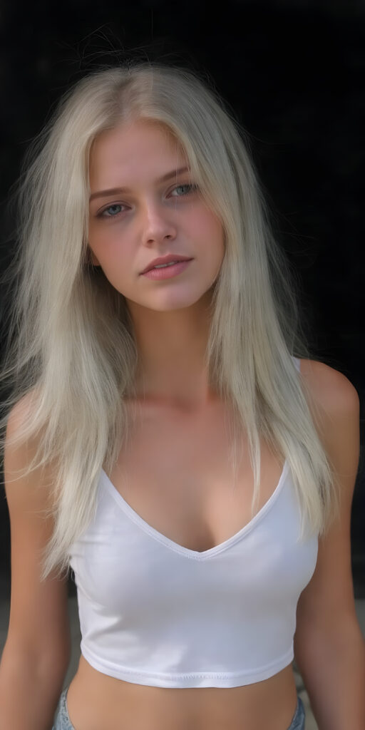 a (((beautiful young girl, perfect curved body))), with flowing, (((soft long straight white hair))). She is dressed in a sleek, (white cropped short tank top, deep v-neck), photograph, stands in the street, black backdrop, perfect light and shadows